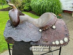 15 Vintage Tooled Western Horse Saddle w Silver Conchos