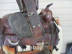 15'' Vintage Western Tooled Roper Ranch Saddle Fqh Bars 30lbs