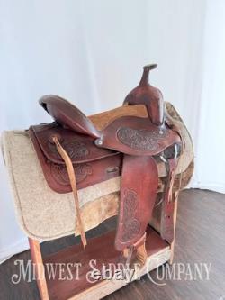 15 Western Barrel Saddle with Floral Leather Tooling, Narrow Fit