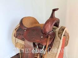 15 Western Barrel Saddle with Floral Leather Tooling, Narrow Fit