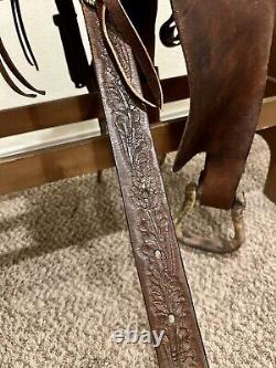 15 Western Leather Saddle Horse Barrel Trail Hand Tooled Details Knife Pocket