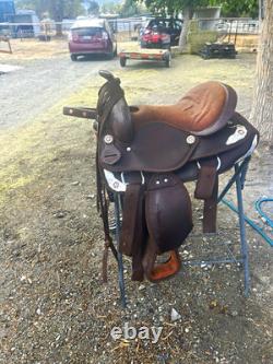 15 in Brown synthetic Western Trail Saddle with Stirrups /Breast Collar/bridle
