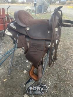15 in Brown synthetic Western Trail Saddle with Stirrups /Breast Collar/bridle