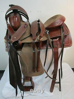 16 17 Ranch Horse Roping Roper Used Western Tooled Leather Saddle Trail Tack Set