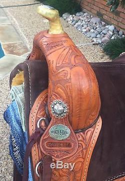 16.5 Bob Marshall Sports Saddle, Treeless, Trail, Hand Tooled Floral, EXCELLENT