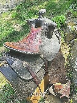 16'' Handmade Handcarved Silver Studded Parade Western Saddle Fqhb Tapaderos