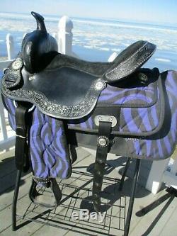 16'' KS1436 Black Purple Zebra western saddle Pad, Breast collar, cinch set FQHB