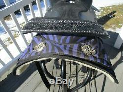 16'' KS1436 Black Purple Zebra western saddle Pad, Breast collar, cinch set FQHB