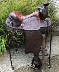 16 Vintage Western Saddle w Bear Trap Pommel & Tooled Horse Heads