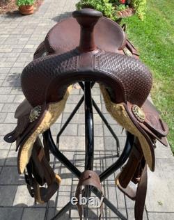 17 Calvin Allen Saddle, Roughout Basketweave Leather Cutting Reined Cowhorse