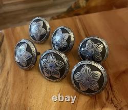 6 Salinas Iron Conchos Saddle Screw Back Sterling Silver Hansen Western Set