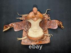 8 Mini Western Horse Saddle Handmade Tooled Leather Used Fun And Cool