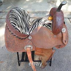 Alamo Saddlery Western Barrel 15 Saddle Zebra Hair-On Seat Tooled Conchos