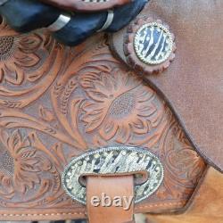 Alamo Saddlery Western Barrel 15 Saddle Zebra Hair-On Seat Tooled Conchos