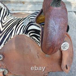 Alamo Saddlery Western Barrel 15 Saddle Zebra Hair-On Seat Tooled Conchos
