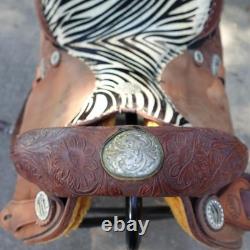 Alamo Saddlery Western Barrel 15 Saddle Zebra Hair-On Seat Tooled Conchos