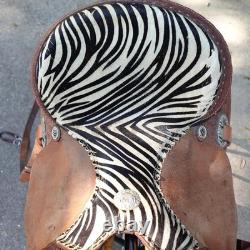Alamo Saddlery Western Barrel 15 Saddle Zebra Hair-On Seat Tooled Conchos