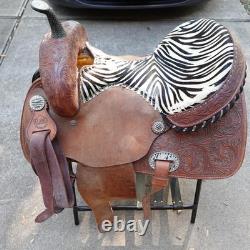 Alamo Saddlery Western Barrel 15 Saddle Zebra Hair-On Seat Tooled Conchos