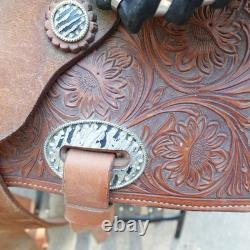 Alamo Saddlery Western Barrel 15 Saddle Zebra Hair-On Seat Tooled Conchos