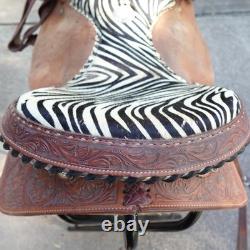 Alamo Saddlery Western Barrel 15 Saddle Zebra Hair-On Seat Tooled Conchos