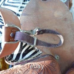 Alamo Saddlery Western Barrel 15 Saddle Zebra Hair-On Seat Tooled Conchos