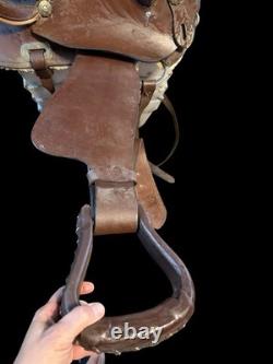 Amish Made 17 Western Leather Horse Saddle Brown Black Seat Conchos Stirrups