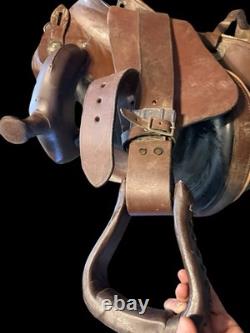 Amish Made 17 Western Leather Horse Saddle Brown Black Seat Conchos Stirrups