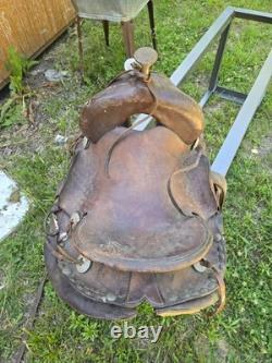 Antique High-Back Western Cowboy Saddle Tooled Leather Brass Horn Ranch