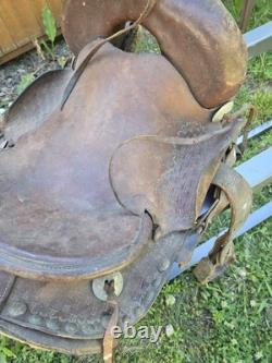 Antique High-Back Western Cowboy Saddle Tooled Leather Brass Horn Ranch