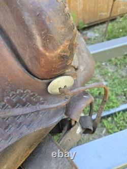 Antique High-Back Western Cowboy Saddle Tooled Leather Brass Horn Ranch