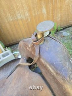 Antique High-Back Western Cowboy Saddle Tooled Leather Brass Horn Ranch