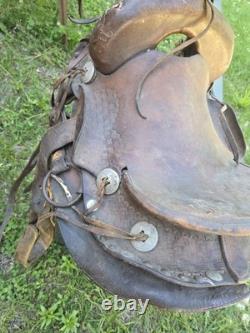 Antique High-Back Western Cowboy Saddle Tooled Leather Brass Horn Ranch