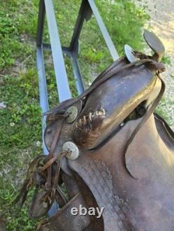 Antique High-Back Western Cowboy Saddle Tooled Leather Brass Horn Ranch