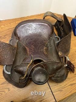 Antique Leather 16 inch Western Saddle Hand Tooled Barrel Trail Saddle