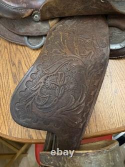 Antique Leather 16 inch Western Saddle Hand Tooled Barrel Trail Saddle