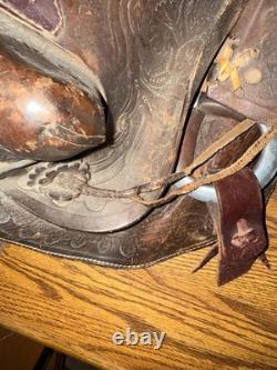 Antique Leather 16 inch Western Saddle Hand Tooled Barrel Trail Saddle