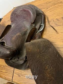 Antique Leather 16 inch Western Saddle Hand Tooled Barrel Trail Saddle