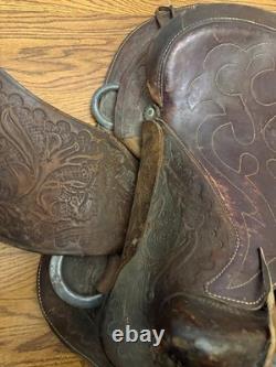 Antique Leather 16 inch Western Saddle Hand Tooled Barrel Trail Saddle