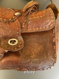 Antique MID Century Hand Tooled Mexican Full Leather Bag With Saddle Rare Floral