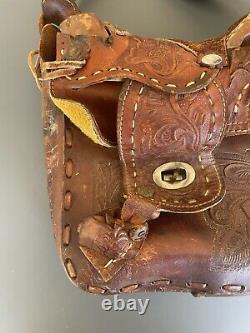 Antique MID Century Hand Tooled Mexican Full Leather Bag With Saddle Rare Floral