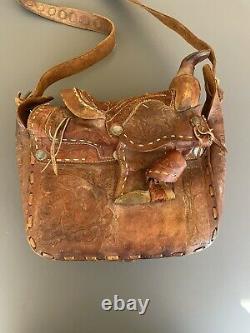 Antique MID Century Hand Tooled Mexican Full Leather Bag With Saddle Rare Floral