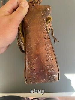 Antique MID Century Hand Tooled Mexican Full Leather Bag With Saddle Rare Floral