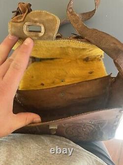 Antique MID Century Hand Tooled Mexican Full Leather Bag With Saddle Rare Floral