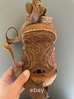 Antique MID Century Hand Tooled Mexican Full Leather Bag With Saddle Rare Floral