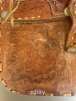 Antique MID Century Hand Tooled Mexican Full Leather Bag With Saddle Rare Floral