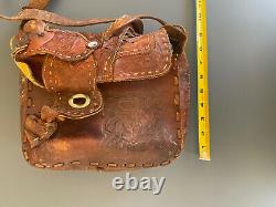 Antique MID Century Hand Tooled Mexican Full Leather Bag With Saddle Rare Floral