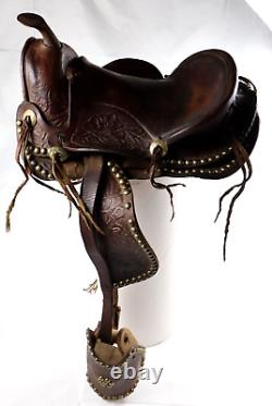 Antique VTG Youth Western Saddle Beautiful Tooled Leather & Hooded Wood Stirrups