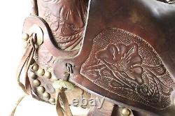 Antique VTG Youth Western Saddle Beautiful Tooled Leather & Hooded Wood Stirrups