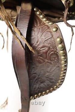 Antique VTG Youth Western Saddle Beautiful Tooled Leather & Hooded Wood Stirrups