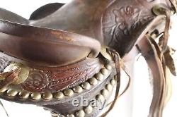 Antique VTG Youth Western Saddle Beautiful Tooled Leather & Hooded Wood Stirrups